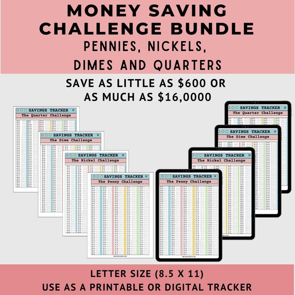 Money Savings Challenge Bundle, Penny, Nickel, Dime and Quarter Savings Tracker, Savings Challenge Printable, 365 Day Challenge Coin Savings