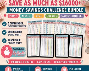 May include: A money savings challenge bundle featuring printable and digital savings trackers for pennies, nickels, dimes, and quarters. The text reads: Save as little as $600+ Save as much as $16000+ Money Savings Challenge Bundle.