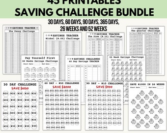 Money Savings Challenge Bundle, 45 Printable Challenges, Savings Tracker, Penny, Quarter, 30-day, 52 Week Challenge, 26 Week Challenge