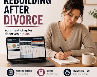 May include: A woman sits at a desk, writing in a notebook. A laptop displays a financial spreadsheet. The text reads "REBUILDING AFTER DIVORCE" and "Your next chapter deserves a plan." Icons for spending tracker, budget, and savings challenge are also visible.