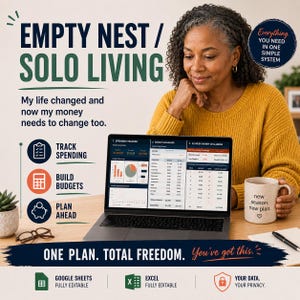 May include: An image promoting financial planning for solo living. The text reads "EMPTY NEST / SOLO LIVING" and "ONE PLAN. TOTAL FREEDOM." A woman in a yellow sweater is looking at a laptop displaying financial data. A mug with "new season. new plan." is visible.