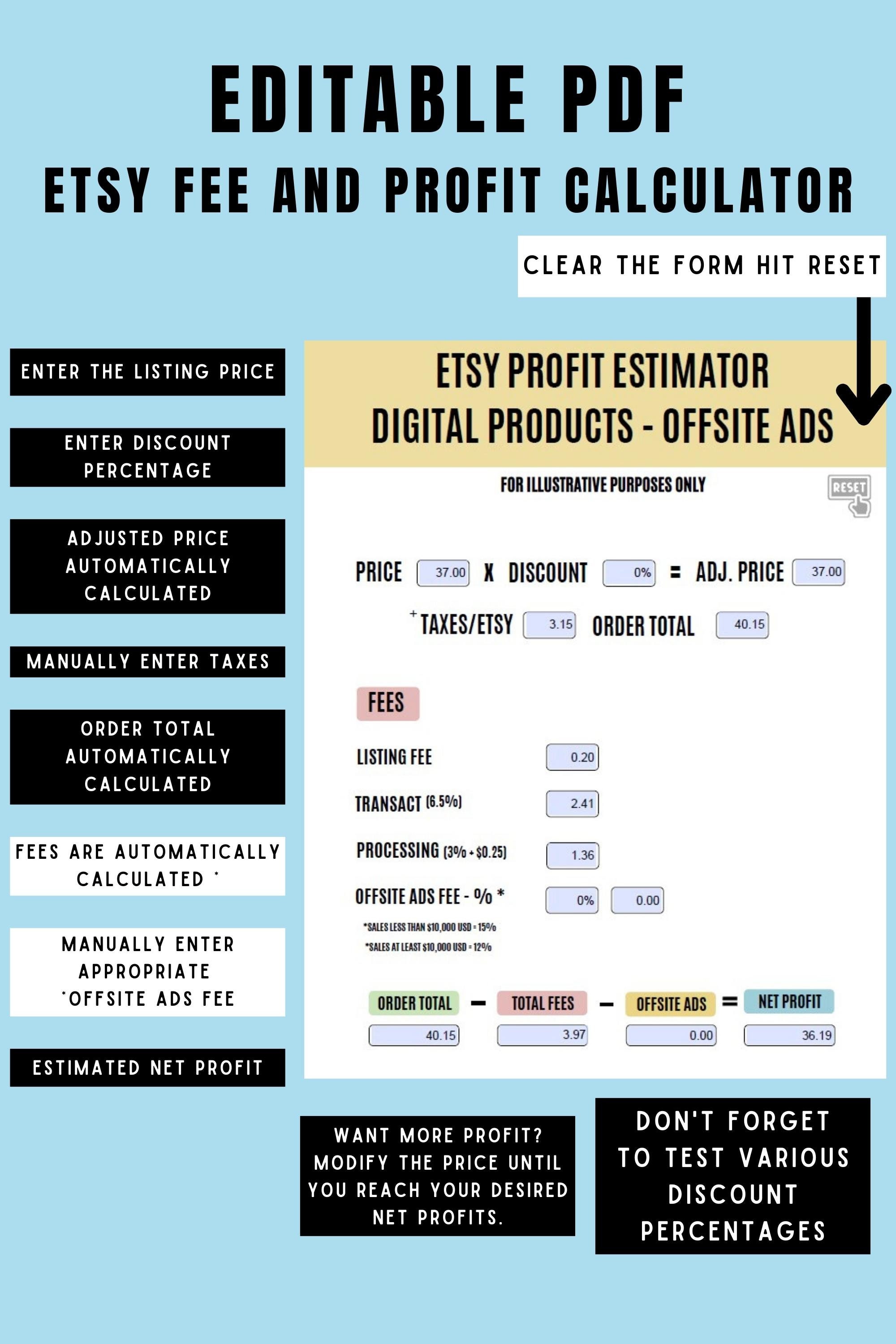 ETSY Fee and Profit Calculator, ETSY Pricing Strategy, Editable PDF