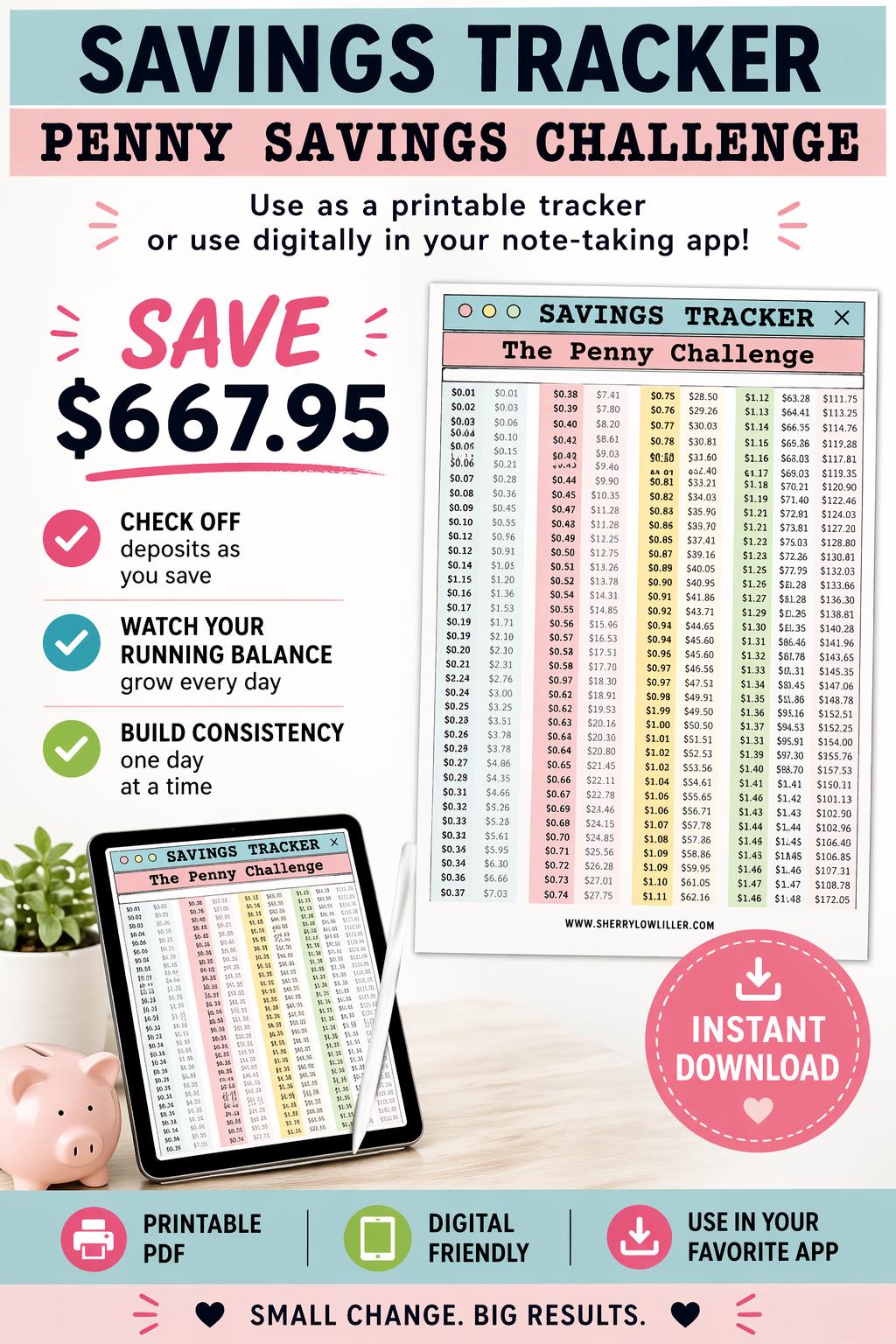 Penny Savings Challenge Tracker, Save 667.95 Dollars, Printable