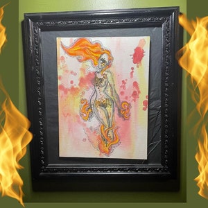 Original Watercolor Painting Fire Fae Art on canvas board