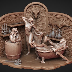 Chilling in the bathhouse, fantasy diorama, 75mm scale figures, 3d printed miniatures by Claydemon Miniatures