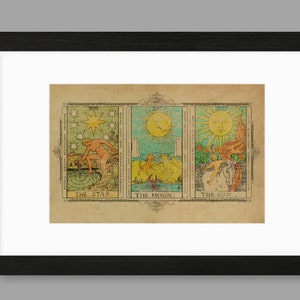 Zon, Maan, Ster Tarot Print, Antieke Tarot, 11x17, Tarot Trefwoord, Vintage Tarot Poster, GRATIS Verzending