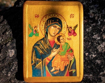Icon of Our Lady of Perpetual Help (roman gold version). Byzantine christian religious icon. Christian Gift