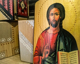 Pocket icon of the Christ Pantocrator. Byzantine christian religious icon. Christian Gift