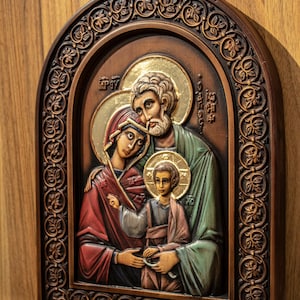 Wood carved icons of the Holy Family. Byzantine christian religious icon. Christian Gift form Ukraine, handcrafted