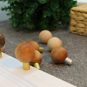 Peut inclure: Un ensemble de boutons en bois avec des tiges en métal doré. Les boutons sont ronds et ont une finition en bois naturel. Certains boutons sont plus foncés que d'autres.
