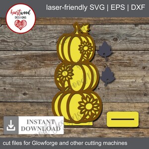 Könnte beinhalten: Ein geschichtetes Kürbisdesign mit Sonnenblumen-Ausschnitten, ideal für Herbstdekorationen. Das Bild enthält den Text "laser-friendly SVG | EPS | DXF" und "INSTANT DOWNLOAD". Das Design ist für Glowforge und andere Schneidemaschinen geeignet.