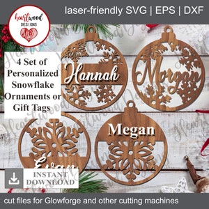 Set of 4 Personalized Snowflake Ornaments Gift Tags, Christmas SVG, Farmhouse Style SVG, farmhouse decor, Glowforge Svg, laser cut file