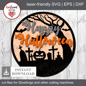 Happy Halloween SVG, Pumpkin Halloween sign, Graveyard SVG, Halloween door decor SVG, Spooky decor, Glowforge Svg, laser cut file