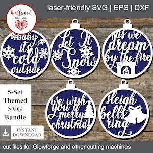Set di 5 ornamenti natalizi SVG, stile fattoria SVG, decorazioni fattoria, Glowforge SVG, file tagliato al laser, canti natalizi SVG