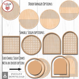 Può includere: Un download digitale di progetti tagliati al laser per creare una varietà di appendiabiti per porte e piccoli cartelli. I progetti presentano un motivo di canna intrecciata in un tono legno chiaro. L'immagine mostra diverse forme e dimensioni di progetti, tra cui un appendiabiti per porte rotondo, un appendiabiti per porte semi-rotondo, un cartello quadrato, un cartello rettangolare e un cartello ad arco.