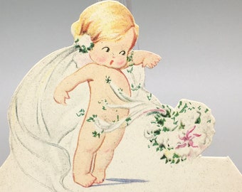 Vintage 1920s Die-Cut Place Card: Bridal Cherub Party Decorv