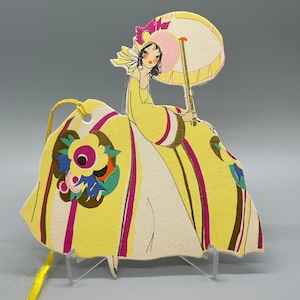 Vintage Unused Art Deco Bridge Tally Flapper in Yellow Dress with Parasol 1920&#39;s, 1930&#39;s, Buzza