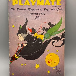 May include: Vintage "Children's Playmate" magazine cover from October 1956. The cover features a witch flying on a broom with black cats, stars, and a smiling moon against a purple background. The magazine title is in yellow.