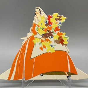 Vintage Unused Bridge Place Card, Thanksgiving, Autumn Lady Holding Leaf Bouquet 1920&#39;s-30&#39;s, Art Deco, Buzza, Gold Accent