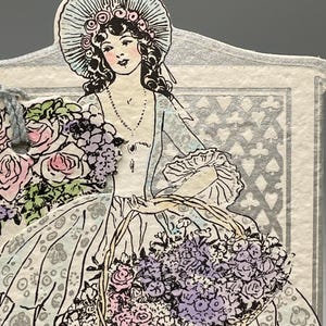1920s Buzza Bridge Tally Place Card, Elegant Lady Flowers, Silver Accent image 2