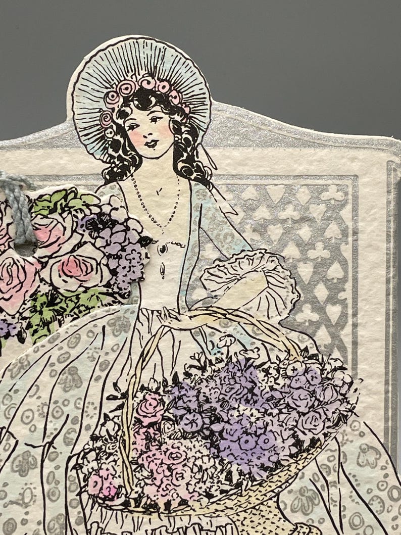 1920s Buzza Bridge Tally Place Card, Elegant Lady Flowers, Silver Accent image 2