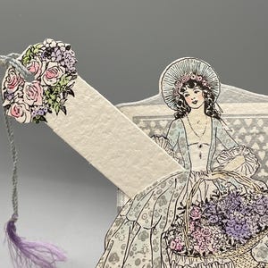 1920s Buzza Bridge Tally Place Card, Elegant Lady Flowers, Silver Accent image 3