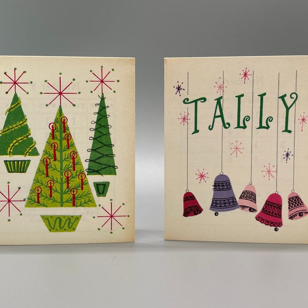 Lot of 2 Vintage Unused MCM Bridge Tally, Christmas Trees, Bells, 1950's Heines Publishers