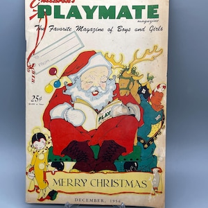 May include: Vintage "Children's Playmate" magazine cover featuring Santa Claus reading. The cover has a red and white color scheme with the text "Merry Christmas" and "December, 1956". A gift tag is attached to the top left.
