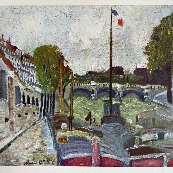 Vintage French River Scene, Landscape Print, Tipped In Color Plate #2 by Maurice Utrillo 11x14.6", 1953, Unframed, Pont Neuf