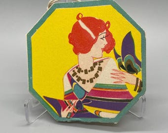 Vintage Henderson Line Art Deco Bridge Tally: Flapper with Butterfly, Gold Accent