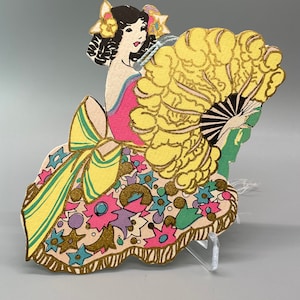 Vintage Art Deco Bridge Tally: Elegant Lady with Fan, Rust Craft
