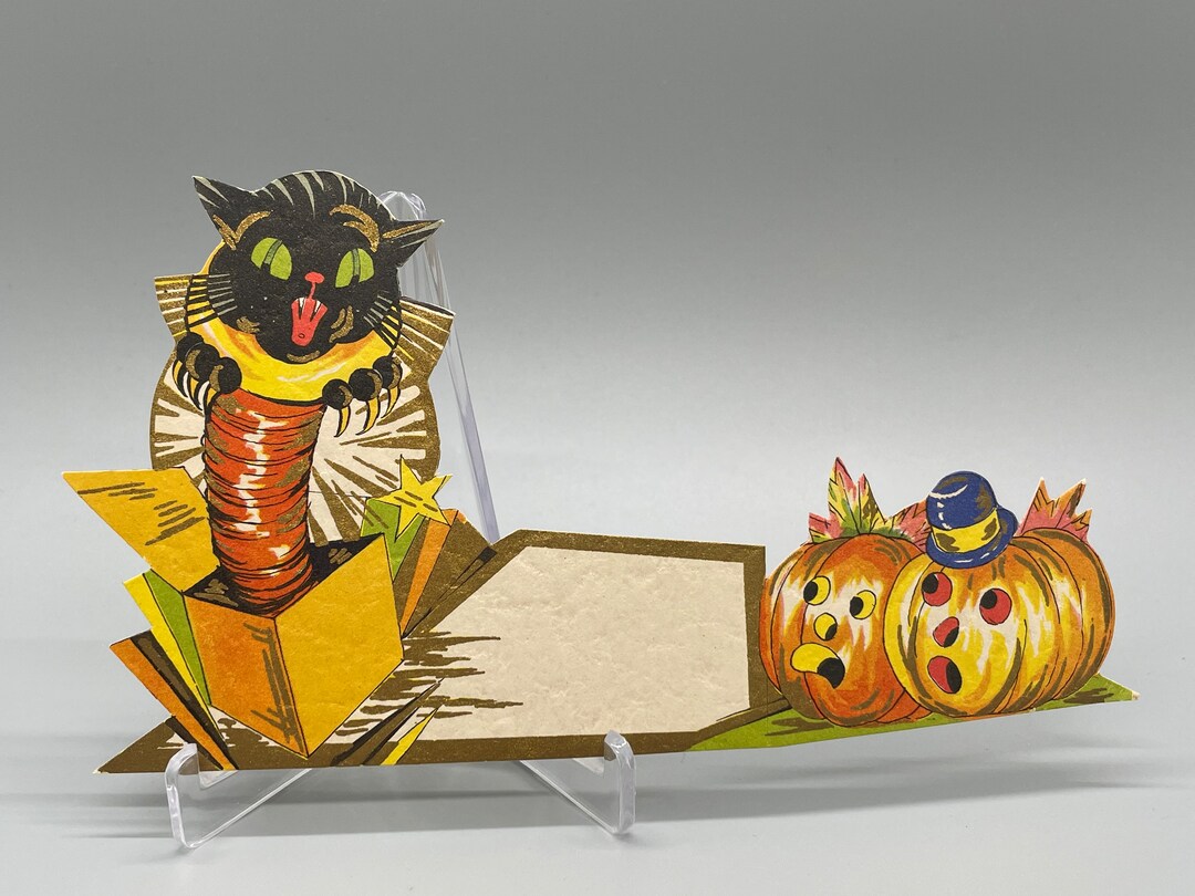 Vintage Art Deco Halloween Place Card, Hallmark Black Cat Jack-in-the ...