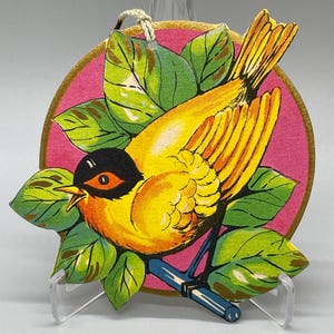 Vintage Unused Art Deco Bridge Tally, Yellow Bird, 1920&#39;s, 1930&#39;s, Hallmark Cards, Pink Background with Gold Accent