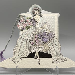 1920s Buzza Bridge Tally Place Card, Elegant Lady Flowers, Silver Accent image 1