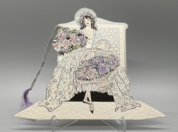 1920s Buzza Bridge Tally Place Card, Elegant Lady Flowers, Silver Accent