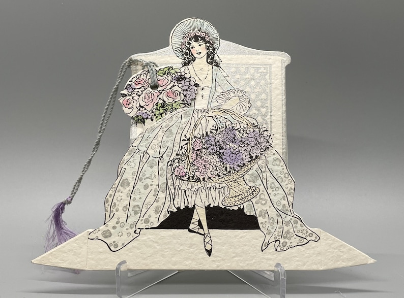 1920s Buzza Bridge Tally Place Card, Elegant Lady Flowers, Silver Accent image 1