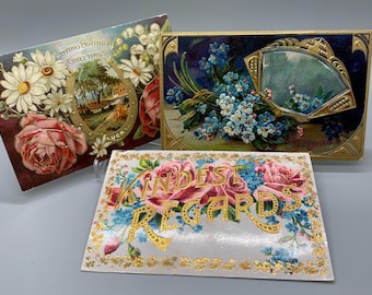3 Vintage Birthday Postcards, 1900s Floral Embossed Greetings