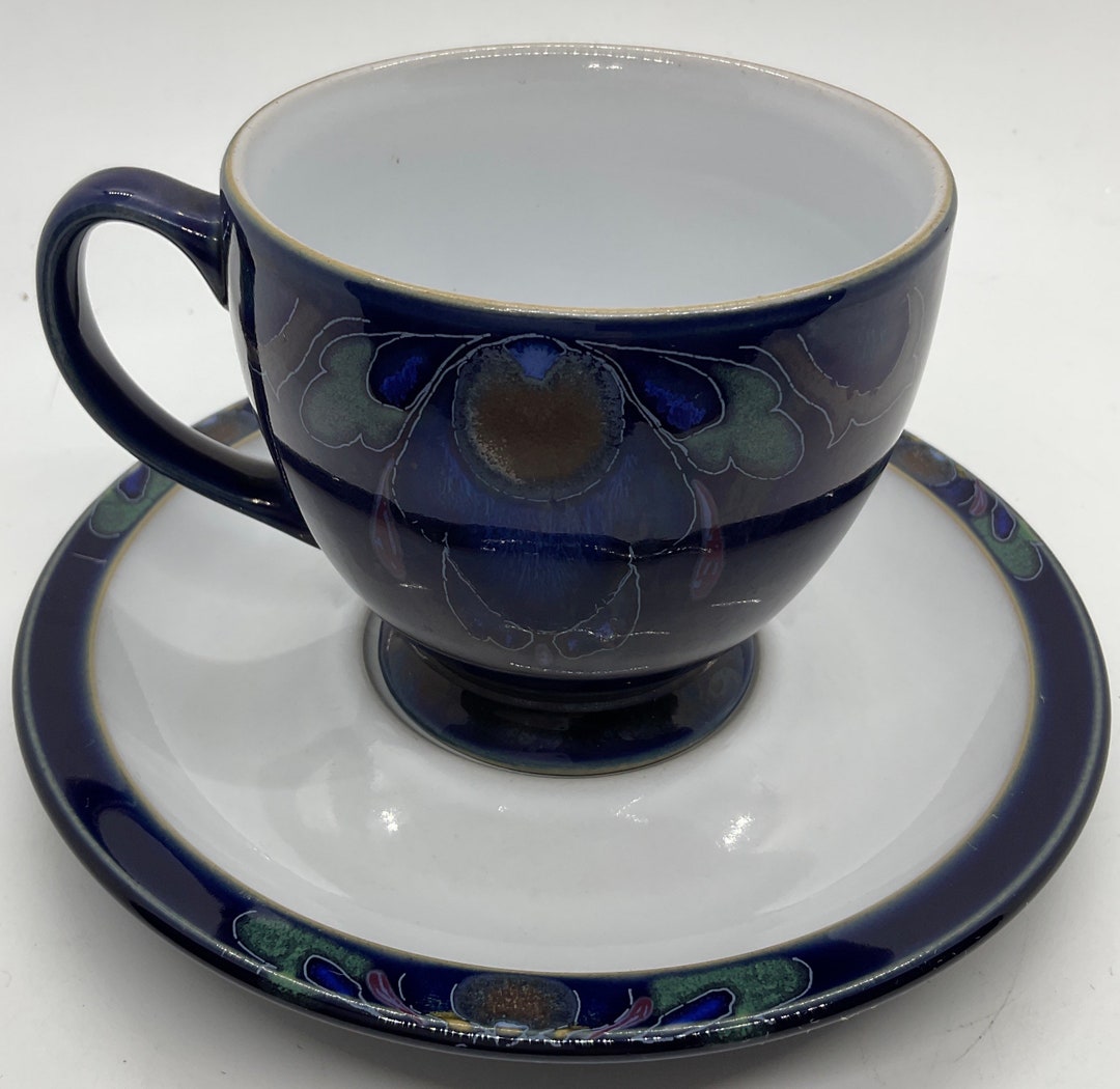 Vintage Denby Langley Baroque Footed Cup & Saucer, Stoneware ,denby Cup and Saucer, Cobalt Blue