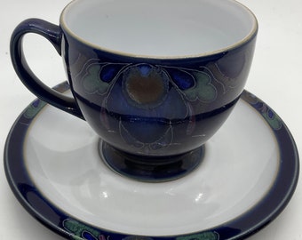 Vintage Denby Langley Baroque Footed Cup & Saucer, Stoneware ,Denby Cup and Saucer, Cobalt Blue Band W/ Multicolor Flower