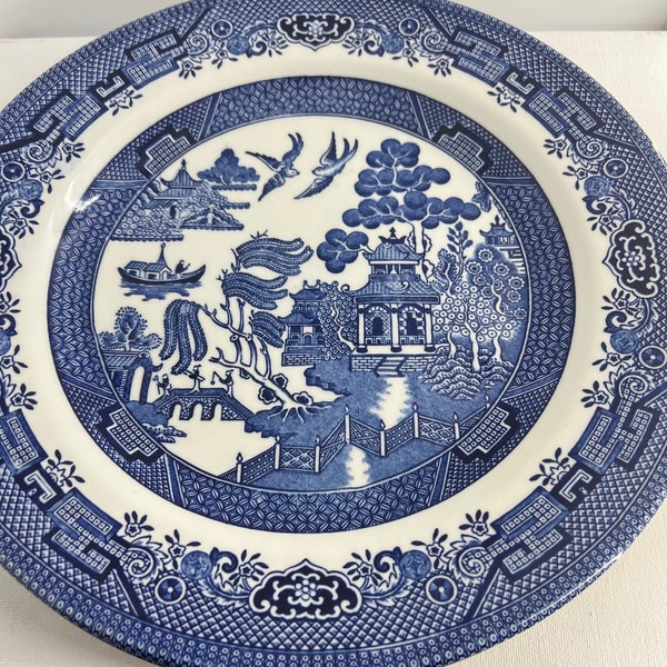 Churchill Blue and White Transferware Dinner Plate, 10.25", made in England, Microwave and Dishwasher Safe