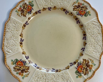 Vintage Myott Staffordshire Dinner Plate, Pattern  FH2909, Grapes, Leaves, Flowers, Cream, Orange Trim, 9.5"