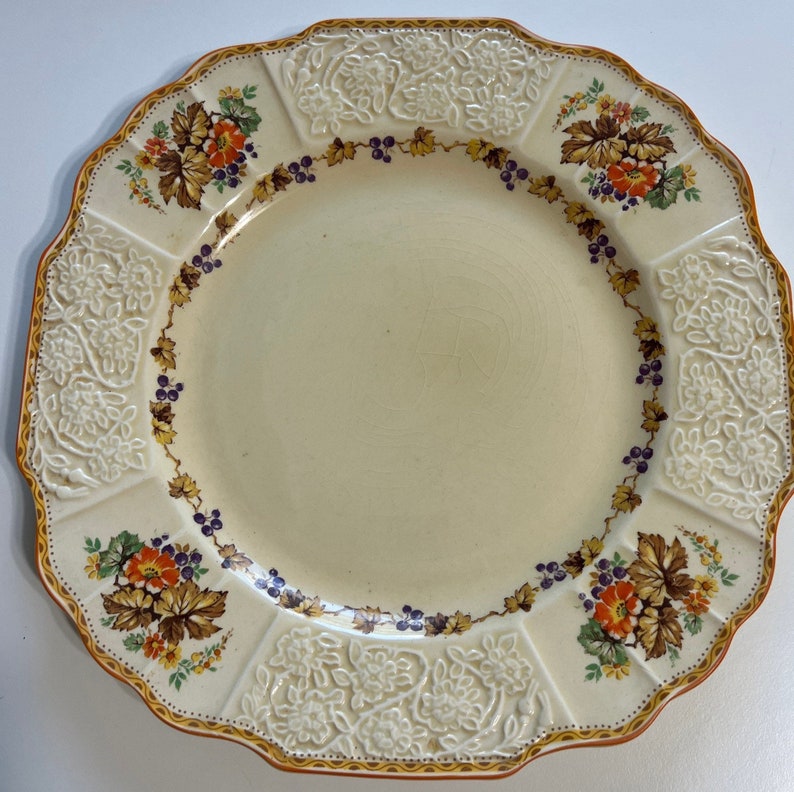 Vintage Myott Staffordshire Dinner Plate, Pattern FH2909, Grapes, Leaves, Flowers, Cream, Orange Trim, 9.5 image 1