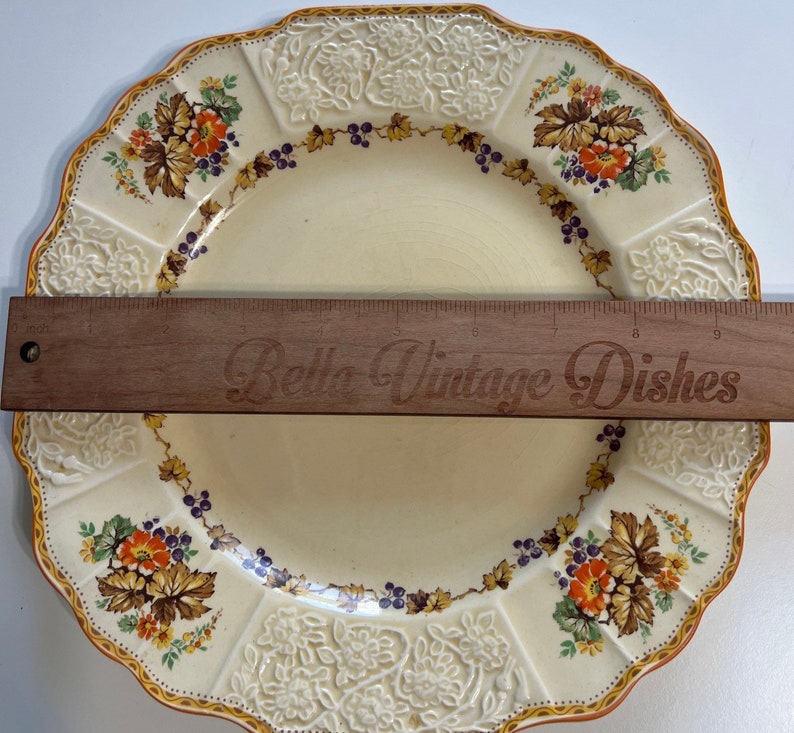 Vintage Myott Staffordshire Dinner Plate, Pattern FH2909, Grapes, Leaves, Flowers, Cream, Orange Trim, 9.5 image 4