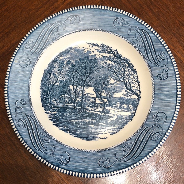 Currier & Ives Dinner Plate, "The Old Grist Mill", Blue and White salad plate, 9.25",  Transferware salad plate,  Made in USA, Royal China