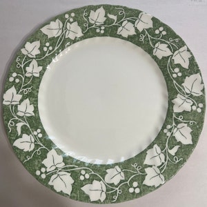 May include: A white ceramic dinner plate with a green ivy pattern around the rim. The ivy leaves are white and the background is a light green.
