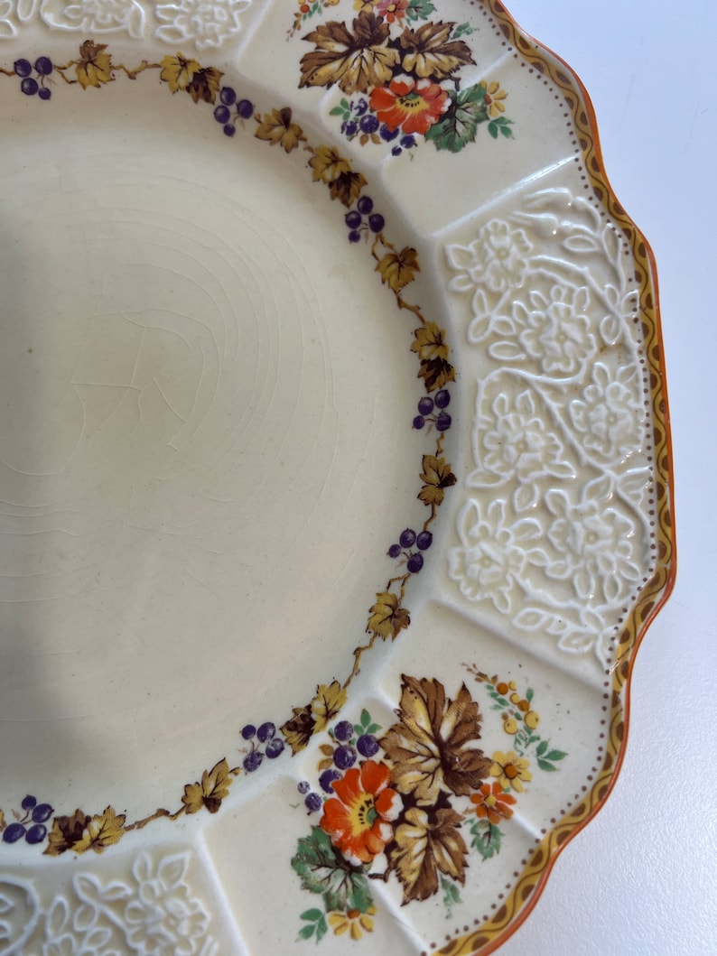 Vintage Myott Staffordshire Dinner Plate, Pattern FH2909, Grapes, Leaves, Flowers, Cream, Orange Trim, 9.5 image 3
