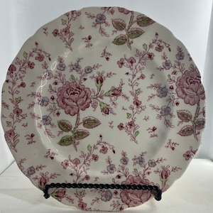 Vintage Johnson Brothers Rose Chintz 10&quot; Dinner Plate, Made in England, Ironstone Plate, Pink Rose Chintz, Floral Design, Black Back stamp