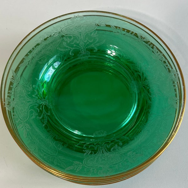 Vintage green glass with gold rim plate, 6 1/4 inches