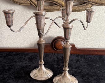 Sterling Silver Candelabra, Alvin S279, Pair, Hollowware, three light, Weighted Base, 3 light
