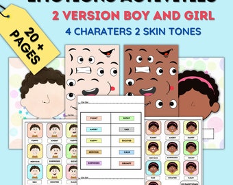 Emotions Activity for Kids Girl and boy Version Printable Toddler Feeling Chart Quiet Book Page Preschool Homeschool Pre-K Learning Game